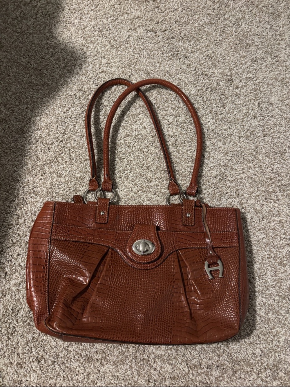 Etienne Aigner Cognac Croc-Embossed Leather Shoulder Bag
